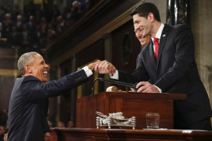 WASHINGTON, DC - JANUARY 12: President Barack Obama shakes hands with Speaker of the House Paul Ryan (R) as Vice President Joe Biden looks on before the State of the Union address to a joint session of Congress on Capitol Hill January 12, 2016 in Washington, D.C. In his final State of the Union, President Obama is expected to reflect on the past seven years in office and speak on topics including climate change, gun control, immigration and income inequality. (Photo by Evan Vucci - Pool/Getty Images)