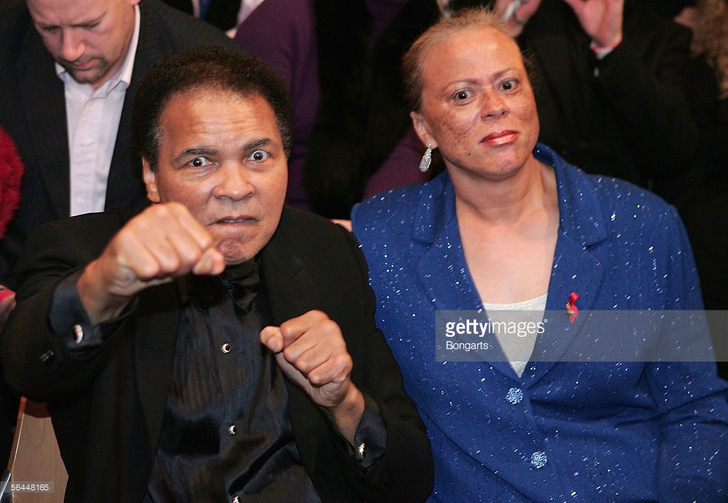 BERLIN - DECEMBER 17: Muhammad Ali and his wife, Lonnie Ali sit ringside uring the Super Middleweight fight between Laila Ali and Asa Maria Sandell at the Max-Schmeling Hall on December 17, 2005 in Berlin, Germany. (Photo by Martin Rose/Bongarts/Getty Images) *** Local Caption *** Muhammad Ali;Lonnie Ali